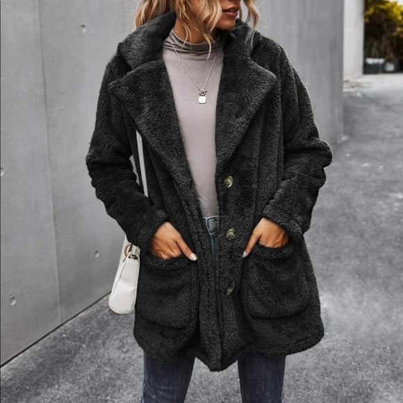 Black comfy button pocket teddy jacket coat - Picture 14 of 14